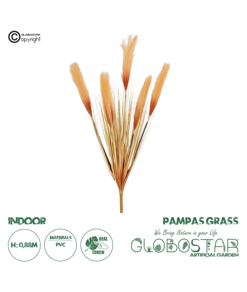 GloboStar® Artificial Garden ORANGE PAMPAS GRASS BRANCH 21486 Τεχνητό Διακοσμητικό Κλαδί Πορτοκαλί Πάμπας Y88cm